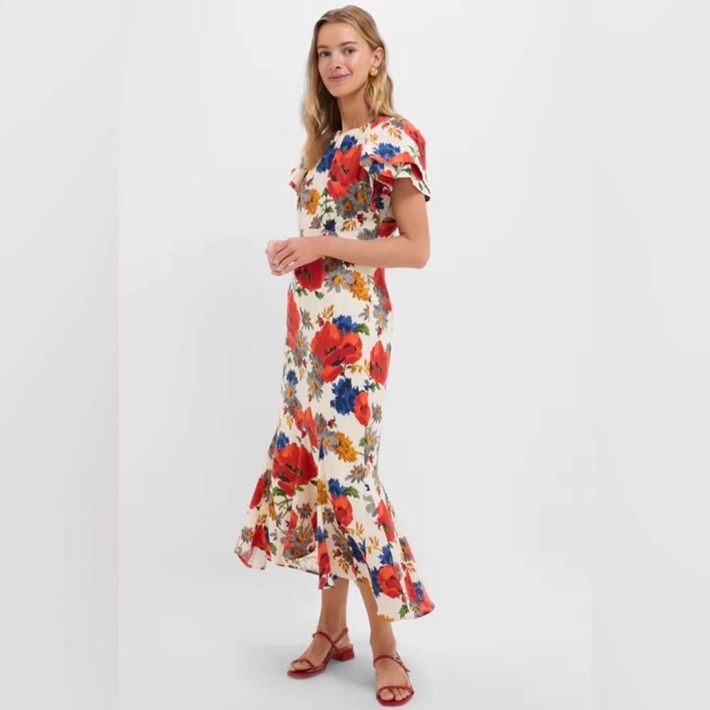 NWT Tuckernuck Floral Puff Sleeve Midi Dress - Red, Blue, Orange - Picture 3 of 8